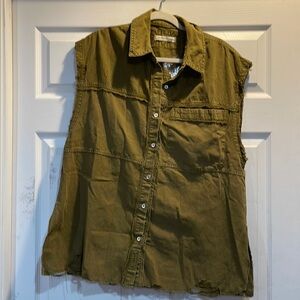 New! Free People We The Free Olive Destroyed Utility Shirt Tunic M